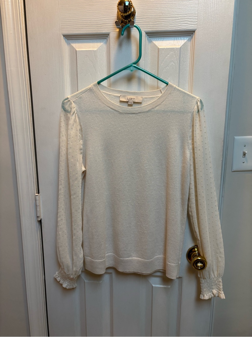LOFT Cream Crewneck Sweater with Sheer Dotted Sleeves